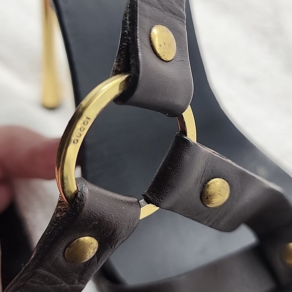GUCCI KYLIE VINTAGE STILLETOS WOODEN PLATFORM LEATHER T-STRAP HEELS 7.5 GUC - Picture 12 of 16